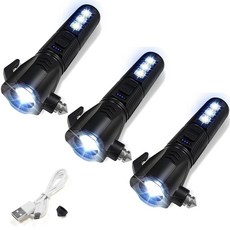 GEEBONFLUGENS 비상 자동차 손전등 - 2000 루멘 듀얼 라이트 4단계 배터리 표시기 창문 차단기 및 안전벨트 커터 USB 충전식 초경량 108g 자동차 비상시 (2, 3, Black