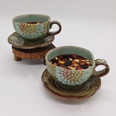 신거친 쌍화차잔세트 300ml 해바라기 카페찻잔 도자기 컵, 2개, 그린칼라