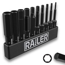 Railer 10팩 SAE 육각 헤드 앨런 렌치 드릴 비트 세트. 프리미엄 S2 스틸 5.1cm(2인치) SAE 육각 비트 세트 퀵 릴리즈 섕크 및 보관 비트레일 포함 - 이