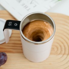 DS 자동 회전 믹스컵 온도 측정 스텐 커피머그 보온보냉 텀블러, 화이트, 1개, 380ml