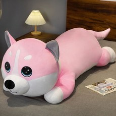 허스키 대형 인형 애착 바디필로우 강아지 침대용 베개, 분홍 스카프 하키 둥근 눈