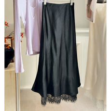 서진맘 여성 고퀄리티 하이웨스트 매트 광택 레이스 새틴 배색 옆트임 롱 스커트