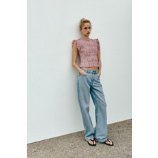 [국내발송] 자라 ZARA 깅엄 체크 허니콤 탑 - 크림 / 석류 8741/110/068