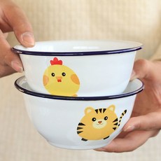 加厚搪瓷卡通碗 兒童家用飯碗湯麵碗, 1個, 1個價,12cm有腳碗 圖案隨機 480ML