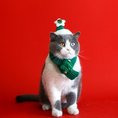 우유펫 반려동물 크리스마스 니트 스카프 모자세트, 1개, 그린-크리스마스트리