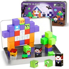 쿠바이 45PCS 미니 마그네틱 빌딩 블록 여행용 장난감 케이스가 포함된 자석 큐브 타일 세트 유아 38세 소년 및 소녀를 위한 생일 교실 학습 선물좀비, Zombies