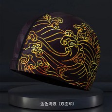 男士泳帽 布泳帽 不勒頭 大號舒適護耳 時尚成人花色游泳帽子 彈力耐用, Z6J14金色海浪, 1個