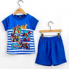 정품 헬로 카봇 반팔 단가라 상하복 티셔츠 옷 반바지 세트 줄무늬