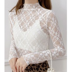 여성 얇은 망사 레이스 시스루 목팔라 이너 긴팔 블라우스