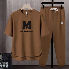 AREVI여름 남성 트레이닝복 세트 심플 캐주얼 루즈핏 입체 알파벳 패턴 반팔 조거 팬츠 세트