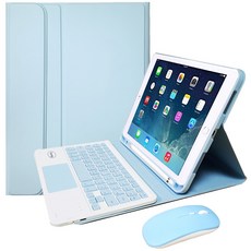 Powerway iPad 9.7吋專用藍牙鍵盤滑鼠皮套五合一，觸控板鍵盤筆槽設計，輕巧便攜，一年保固, 天空藍(藍色鍵帽/藍色滑鼠)