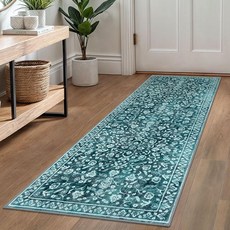 SILOLOOM 빈티지 세탁 가능한 러너 러그 5.1 x 15.2cm(2 6인치) 복도용 다크 틸 러너 매우 부드러운 주방 미끄럼 방지 프린트 인조 울 플로럴 얇은 카펫