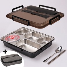 [SUS-304 스텐 식판 도시락통 세트] 밀폐 도시락 런치박스 스테인레스 5칸 다이어트 아이 소풍 용기, 1세트, 5칸도시락+국그릇+수저세트+보냉가방, 오닉스 블랙