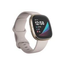 FITBIT 센스 고급 스마트 심장 시계 대형 스트레스 온도 골드 추세 관리 포함 피부 건강 화이트 밴드 프리 사이즈, White/Gold, 4.01cm, 블루투스
