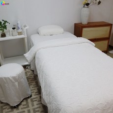 純棉美容床罩四件套 附鬆緊帶 適用於美容院、推拿按摩床、SPA皮膚管理 親膚耐用 180*60-送被芯, 1個, （太陽花）白色,180*60圓頭/梯頭-送被芯