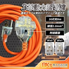 台灣製造 3芯動力延長線 BSMI認證 過載保護 3Px2 2Px1插座, 3芯30尺(約9m)-附過載, 1個, 900cm