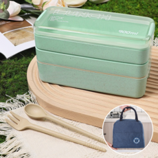 코슈아 직장인 전자레인지용 3단 도시락통 세트, 1세트, 노드릭 그린