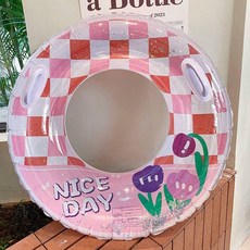 ins亮片粉色少女愛心游泳圈桃心玫瑰金心形加大加厚充氣救生圈游泳圈 泳圈 兒童泳圈 游泳浮板 充氣 打氣 遊, 帶把手90#亮片粉色格子泳圈, 1個