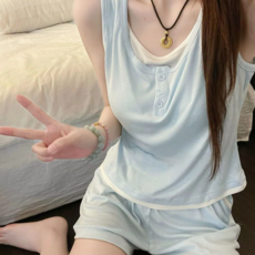 夏季純灰色圓領背心短褲家居服套裝