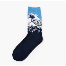 老番顛 名畫系列襪子 - 梵谷 蒙娜麗莎 星夜 吻 克林姆 油畫 伊甸園 神奈川海浪 吶喊 - 中筒長襪, 神奈川