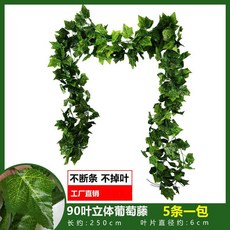 仿真葡萄葉藤蔓 爬山虎藤條 常青藤 葉子綠蘿植物假綠葉吊頂裝飾 綠植裝飾, 90葉彩印葡萄藤-立體（5條裝）, 1個