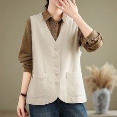 TKX 여성용 캐주얼 면마 혼방 단추 조끼 베스트 루즈핏 간절기 사무실 레이어드