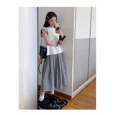 Yellwel 여성용 여름 하이웨스트 긴 체크 스커트 DJP