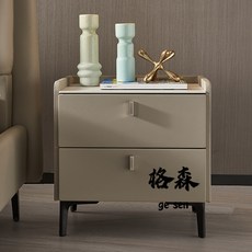 【格森】全實木深米色輕奢岩板床頭櫃 現代簡約意式極簡臥室皮質儲物床邊櫃, 深灰色,60x40x50cm, 1個