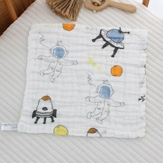六層紗布口水巾方巾小方巾：柔軟吸水、多用途寶寶手帕、兒童洗臉巾、幼兒園必備, 1個, 08-藍色太空人【30*30】