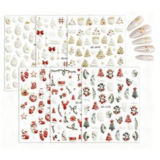 seimeinoki 6매입 네일 아트 스티커 크리스마스 네일 아트 스티커 네일 스티커 크리스마스 트리 리본 눈 자체 접착 오래 지속 귀엽고 세련된 셀프 네일 네일 스티커 네일 아