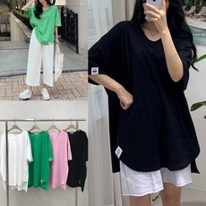여성 빅사이즈 에스텍 언발 박시 롱 티셔츠 픽션 유넥 라벨 루즈핏 반팔티