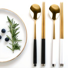 雙人金色餐具組, 1組, 黑色(湯匙+筷子)+白色(湯匙+筷子)