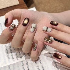 겨울 여성 네일 패치 여성 글리터 네일아트 그라데이션 시크 스타일 YLP, 1개, 브라운 XS