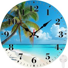 Identiy 원형 벽시계 무소음 배터리 작동 블루밍 해바라기 밭 30.5cm(12인치) 논틱 읽기 쉬운 디스플레이 원형 아날로그 벽시계 사무실 침실 거실 및 주방용 장식, 야자수 해안