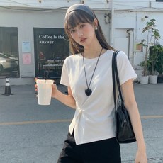 여성용 화이트 캐주얼 반소매 티셔츠 여름 스타일 루즈핏 허리 라인 강조 상의