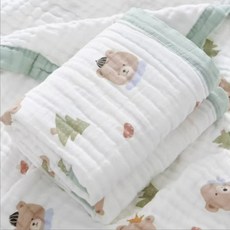 超柔純棉新生兒浴巾6層透氣泡泡紗超級吸水A類童品紗布蓋毯, 1個, 松林小熊【六層紗布】:110*110cm