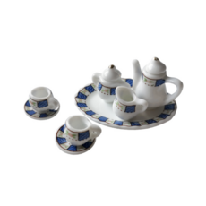 隨草憶境 迷你仿真陶瓷茶具組 (2款式) 食玩模型 微縮場景, 1套, 一組8款入（藍白圖樣款，a款式）