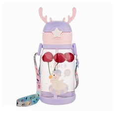 兒童水壺 童趣吸管水壺 可愛造型 學生背帶飲水杯 彈跳水壺, 混合色, 1個, 600ml