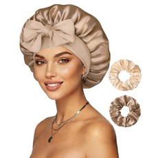 수면 여성용 양면 새틴 보닛 이중 레이어 헤어 보닛 헤어 스크런치 2개 탄성 타이 밴드 나이트 캡 커피 + 샴페인 단일 사이즈