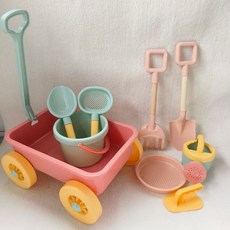 復古風玩沙手推車套組 兒童沙灘玩具 挖沙套組, 1個, 櫻花粉拉車9件套