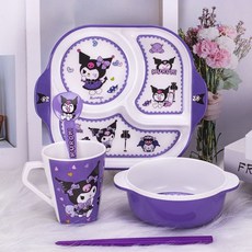 【臺灣-出貨】卡通庫洛米兒童餐具可愛家用耐摔防燙分格餐盤喫飯碗勺杯筷盤, 雙耳碗+新款分格盤+手柄杯+勺+筷, 1個