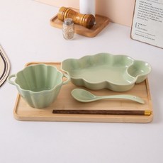陶瓷分格盤 餐盤 早餐盤 奶油風分餐盤 分隔盤 家用 新款減脂餐盤 勺筷碗碟套裝, 4件套+木托盤-奶油綠, 1個