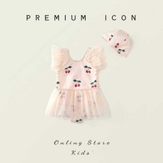 女童連體泳裝 櫻桃印花 小飛袖 網紗 兒童夏季甜美風泳衣 送帽子