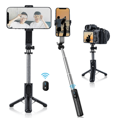 FASEN 충전식 블루투스 삼각대 셀카봉 LED 보광등 73cm, 블랙