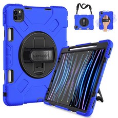 SUP 업FIVES 아이패드 프로 11 케이스 2021 펜슬 홀더 포함 업그레이드 된 군용 등급 충격 방지 프로텍터 실리콘 커버 + 핸들 + 어깨 스트랩 + 회전 킥 스탠드, Blue