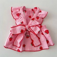 반려동물 원피스 애견 민소매 딸기 드레스 하네스옷 실내복, 1개, 핑크