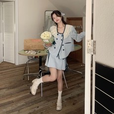 여성 봄 스커트 세트 프렌치 인형넥 자켓 + a라인 스커트 세트 데일리 여자 투피스 세트 YXF