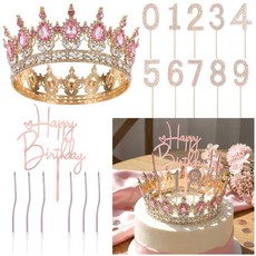 Quelay 생일 축하 케이크 토퍼 장식 세트 퀸 크라운 라인스톤 프린세스 티아라 케이크 토퍼 숫자 양초 0-9 생일 장식 여성용 결혼 기념일 파티 용품 (핑크), 핑크