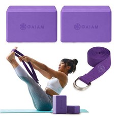 Gaiam 코르크 요가 브릭 -2PK - 163529, 2 Blocks W/Strap, Deep Pueple