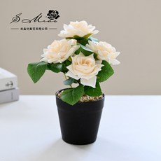 仿真花盆栽 仿真玫瑰花 仿真植物盆景 酒店裝飾 桌面擺件 攝影道具, 2026870-米白色（塑料花盆）, 1個